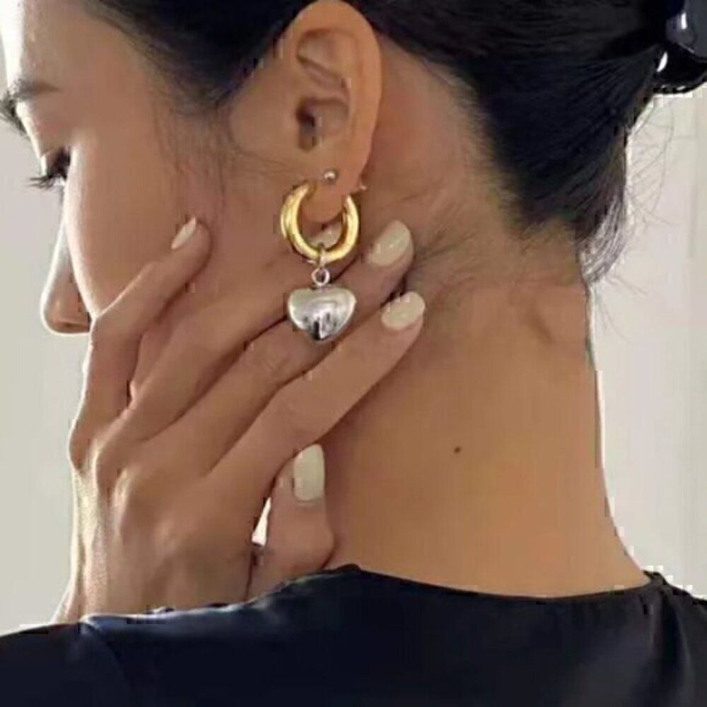 Minimalist Gold Silver Color Mixed Solid Heart Pendant Hoop Earrings